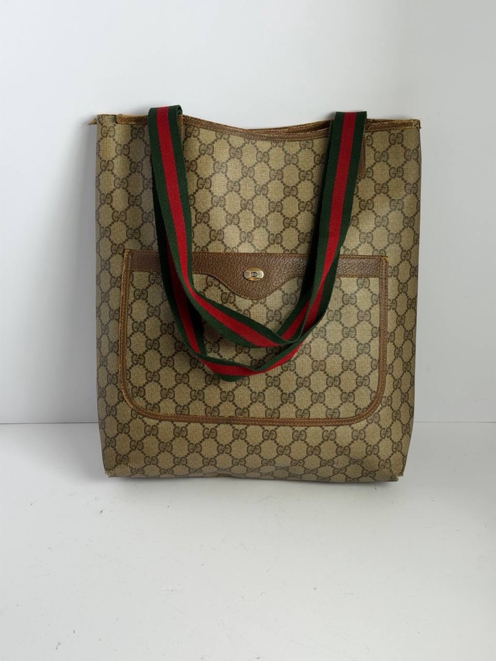 Gucci GG Supreme Monogram Canvas Tote Bag Sherry Web Stripe Handles